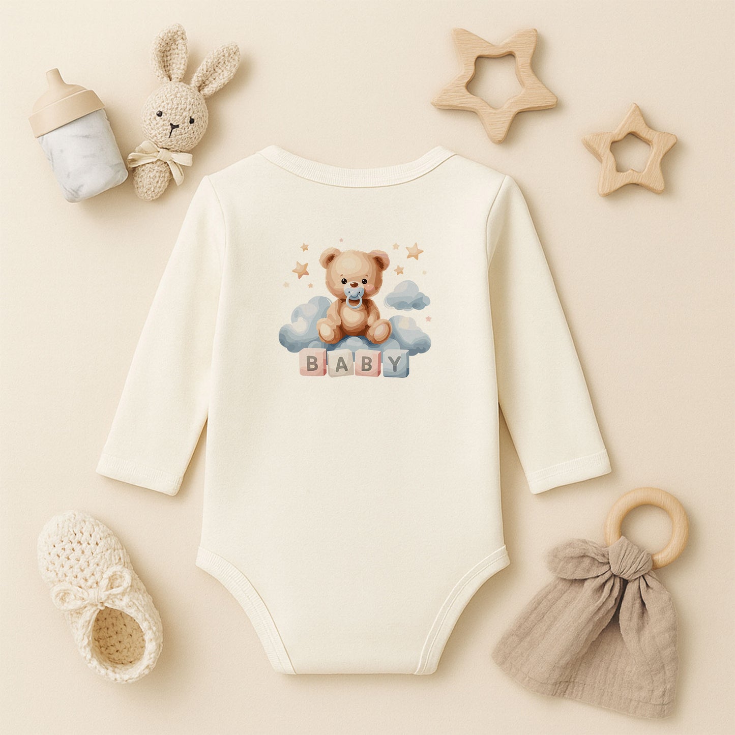 Kişiye Özel Ayıcık Temalı Bebek Zıbını – 1–36 Ay | DTF Baskı, Hassas Cilt Dostu