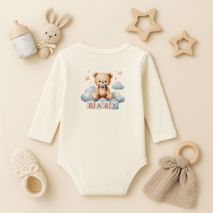 Kişiye Özel Ayıcık Temalı Bebek Zıbını – 1–36 Ay | DTF Baskı, Hassas Cilt Dostu