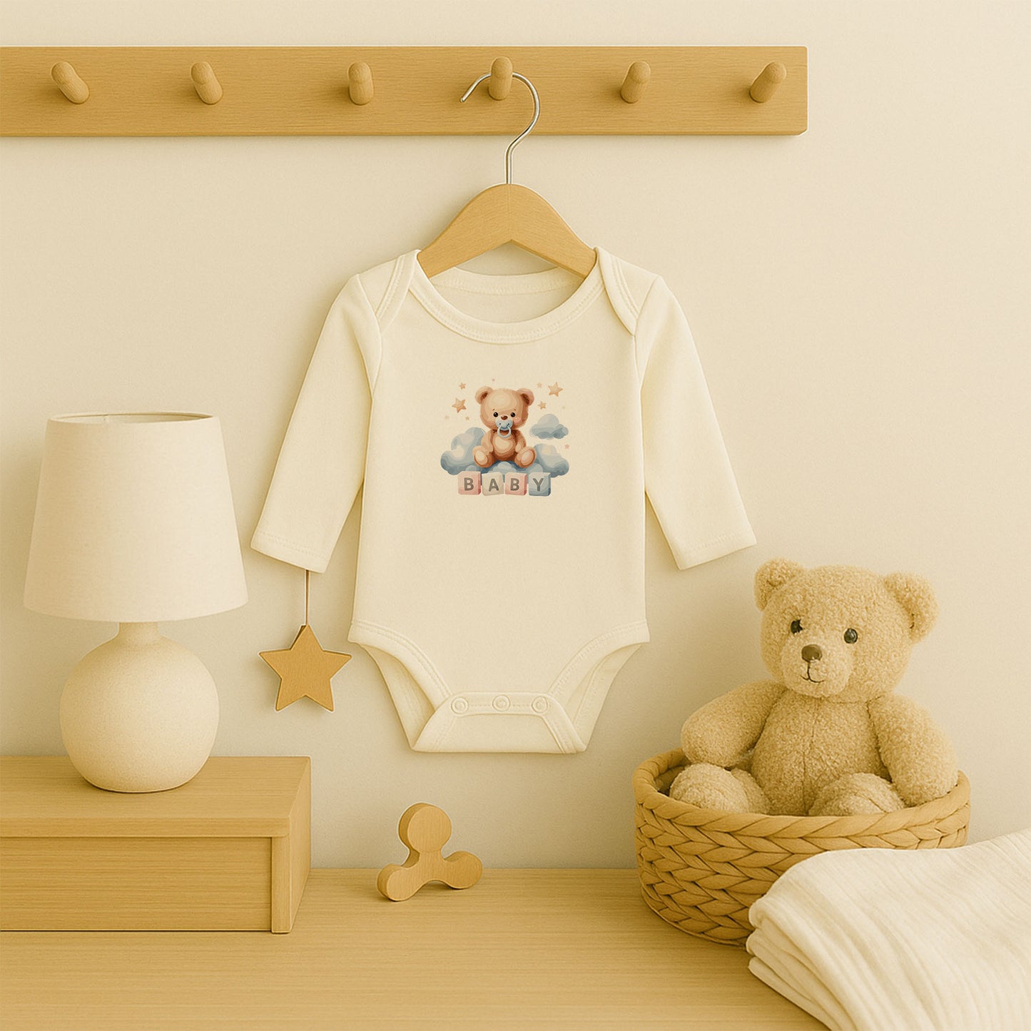 Kişiye Özel Ayıcık Temalı Bebek Zıbını – 1–36 Ay | DTF Baskı, Hassas Cilt Dostu