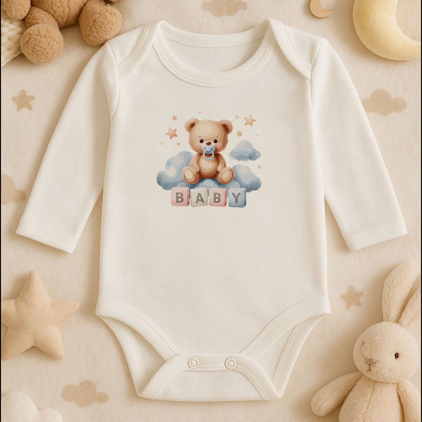 Kişiye Özel Ayıcık Temalı Bebek Zıbını – 1–36 Ay | DTF Baskı, Hassas Cilt Dostu