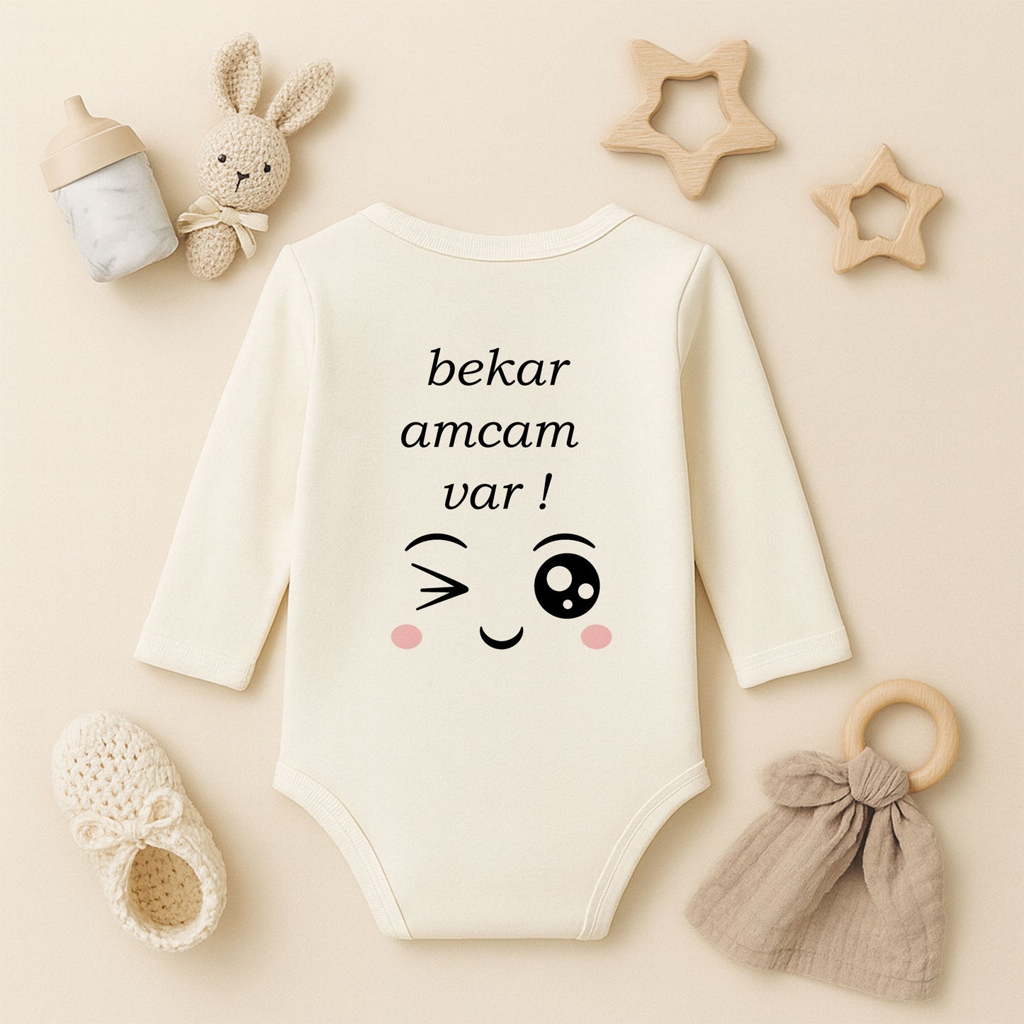 “Bekar Amcam Var” Baskılı Bebek Zıbını – 1–36 Ay | Eğlenceli Tasarım