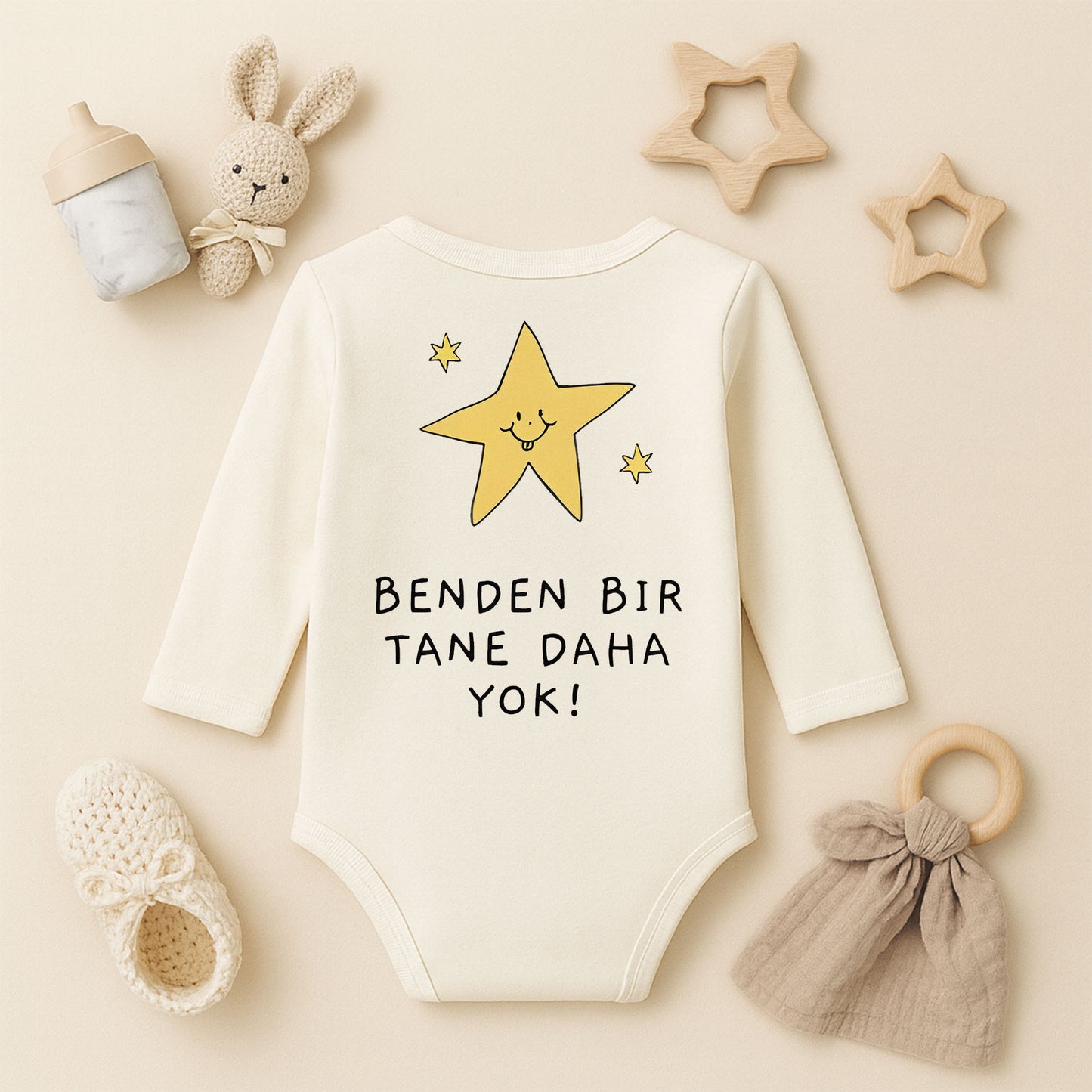 “Benden Bir Tane Daha Yok!” Yazılı Bebek Zıbını – 1–36 Ay | Eğlenceli Yıldız Tasarımı, DTF Baskı