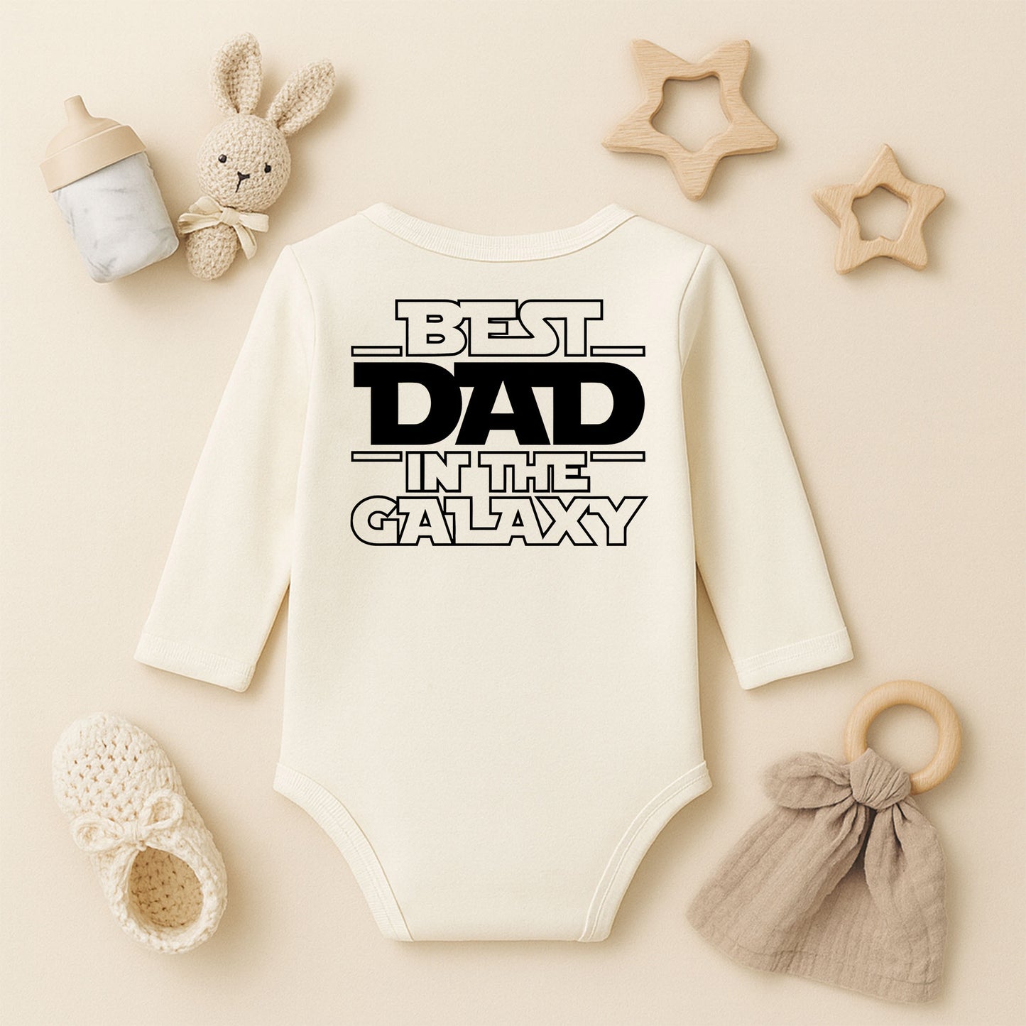 “Best Dad in the Galaxy” Yazılı Bebek Zıbını – 1–36 Ay | Baba Temalı DTF Baskı
