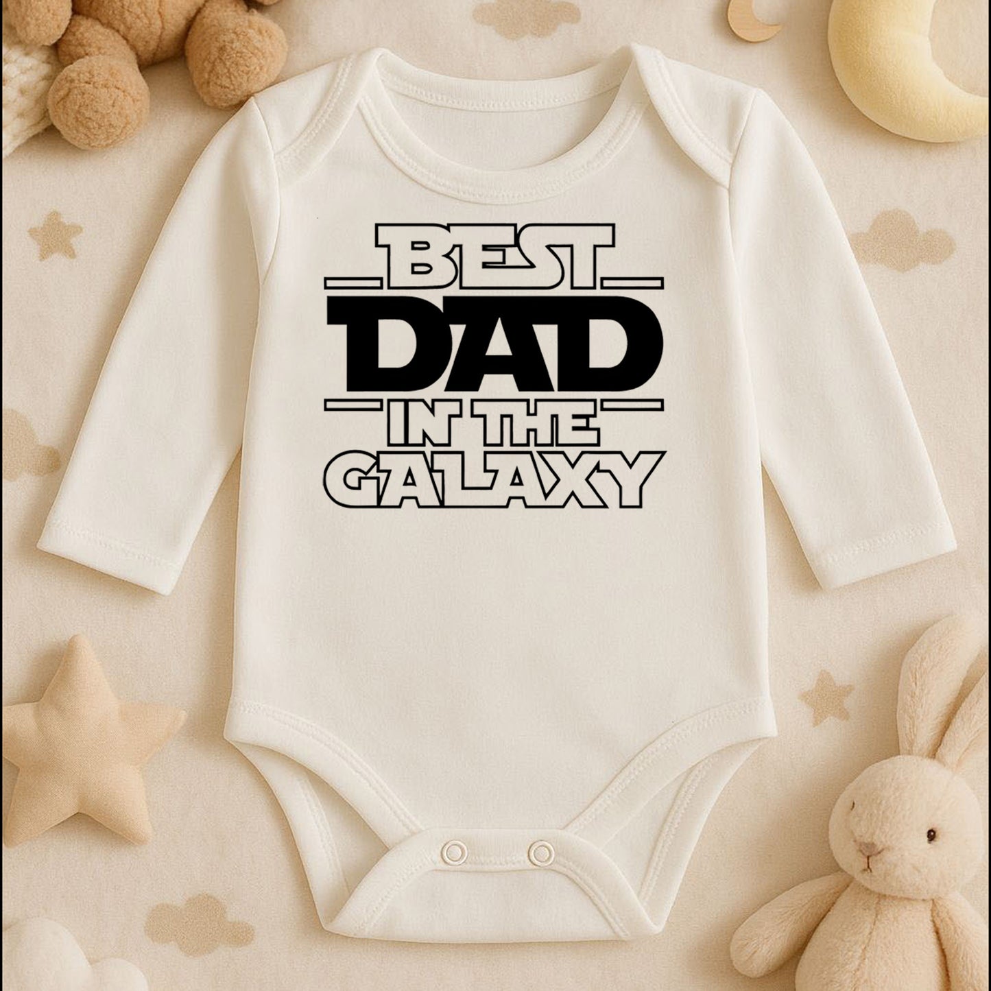 “Best Dad in the Galaxy” Yazılı Bebek Zıbını – 1–36 Ay | Baba Temalı DTF Baskı