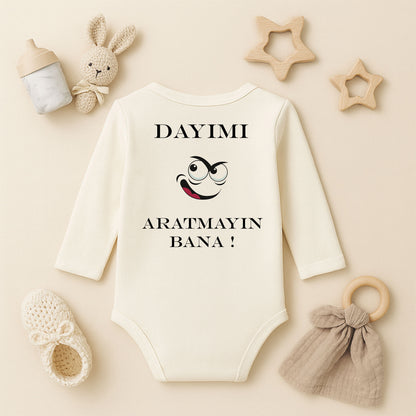 “Dayım Aratmayan Bana!” Yazılı Bebek Zıbını – 1–36 Ay | Eğlenceli Tasarım, DTF Baskı