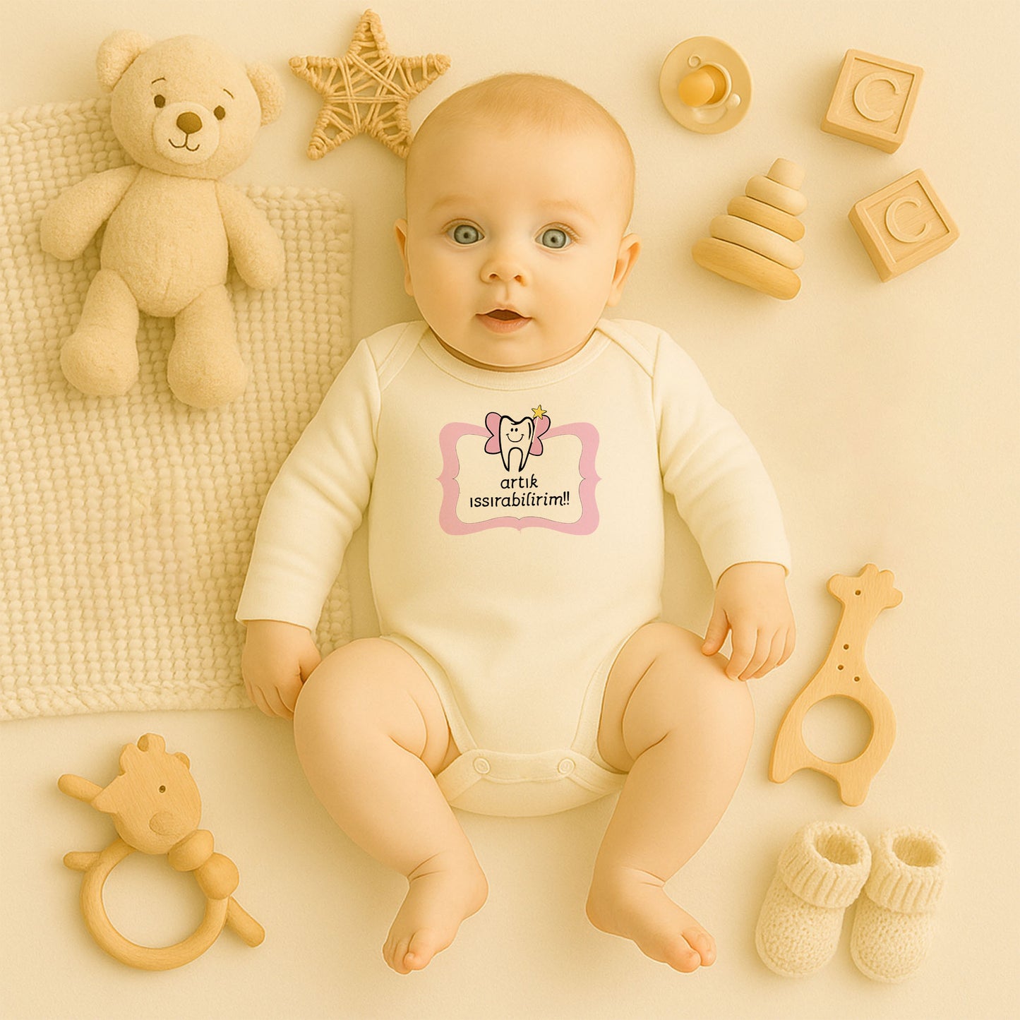 “Artık Isırabilirim!!” Yazılı Bebek Zıbını – 1–36 Ay | Diş Temalı Eğlenceli Tasarım, DTF Baskı