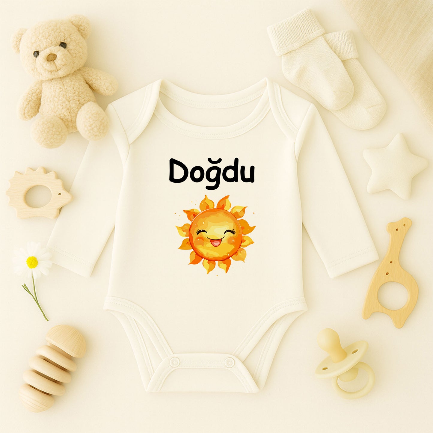 Gülen Güneş Temalı Kişiye Özel Bebek Zıbını – 1–36 Ay | Neşeli Tasarım, DTF Baskı