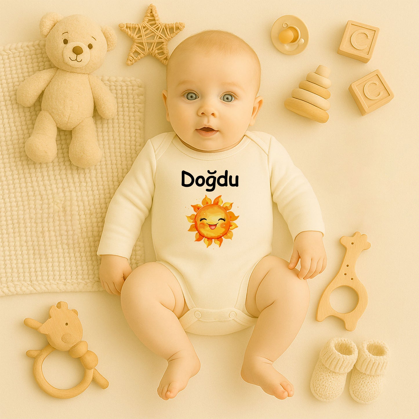 Gülen Güneş Temalı Kişiye Özel Bebek Zıbını – 1–36 Ay | Neşeli Tasarım, DTF Baskı