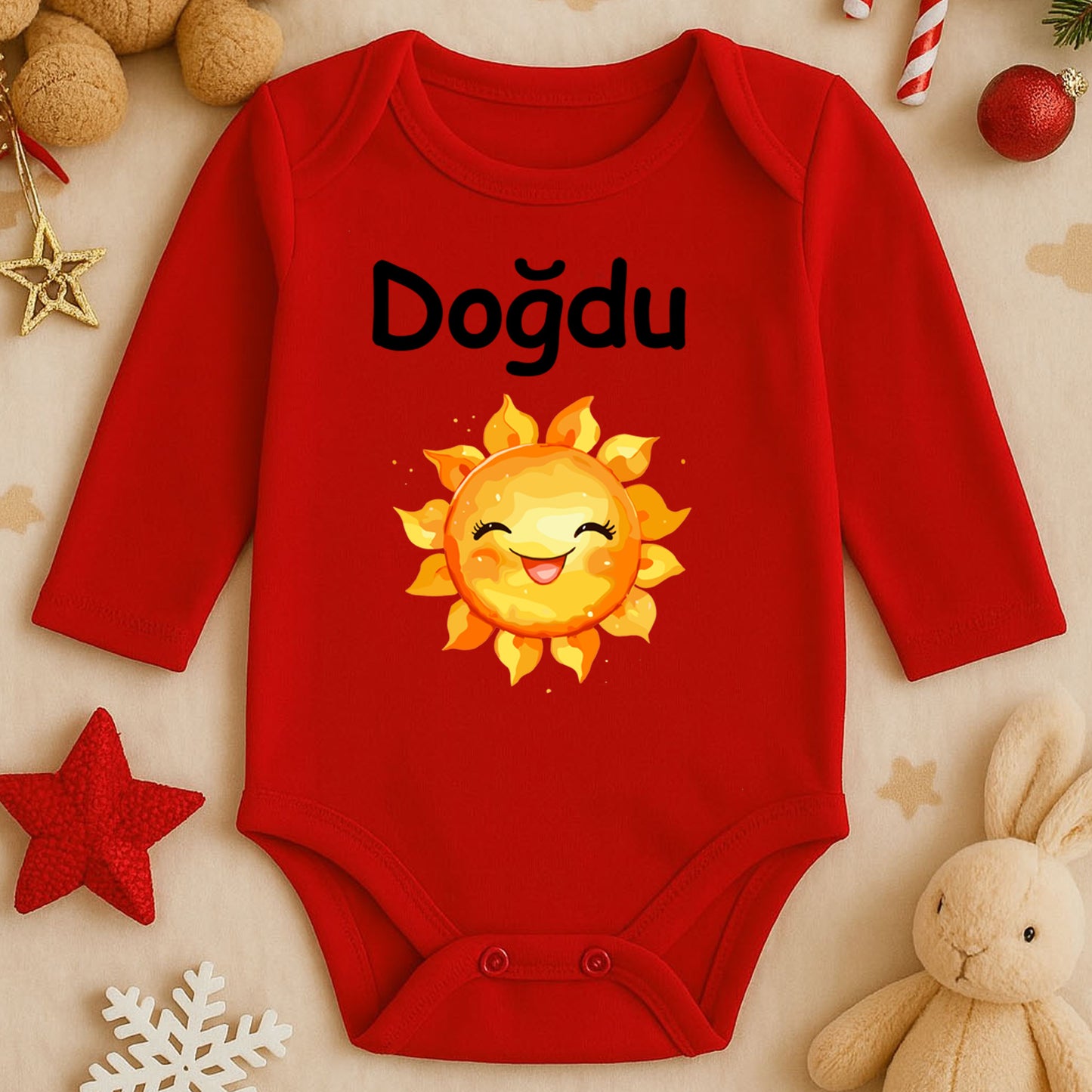 Gülen Güneş Temalı Kişiye Özel Bebek Zıbını – 1–36 Ay | Neşeli Tasarım, DTF Baskı