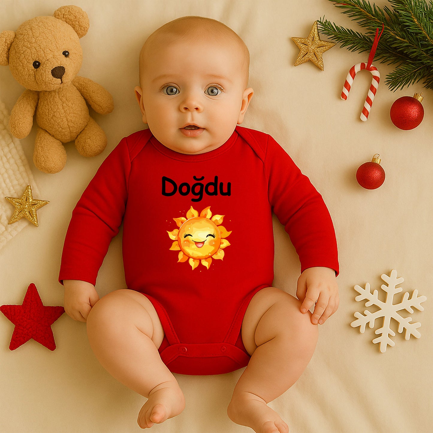 Gülen Güneş Temalı Kişiye Özel Bebek Zıbını – 1–36 Ay | Neşeli Tasarım, DTF Baskı