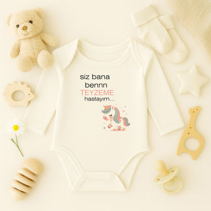 “Teyzeme” Yazılı Unicorn Temalı Bebek Zıbını – 1–36 Ay | DTF Baskı, Hassas Cilt Dostu