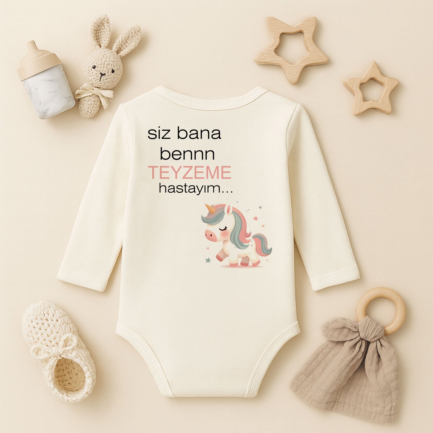 “Teyzeme” Yazılı Unicorn Temalı Bebek Zıbını – 1–36 Ay | DTF Baskı, Hassas Cilt Dostu