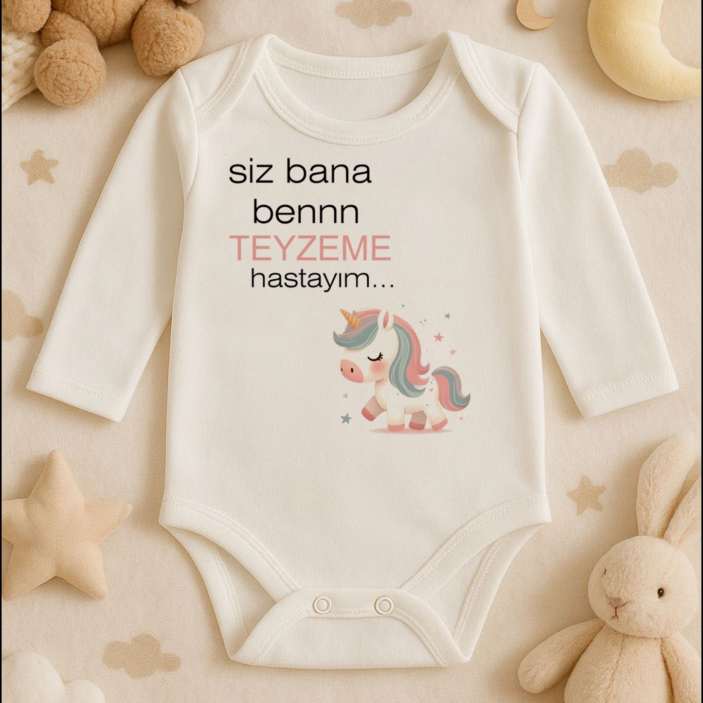 “Teyzeme” Yazılı Unicorn Temalı Bebek Zıbını – 1–36 Ay | DTF Baskı, Hassas Cilt Dostu