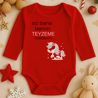 “Teyzeme” Yazılı Unicorn Temalı Bebek Zıbını – 1–36 Ay | DTF Baskı, Hassas Cilt Dostu