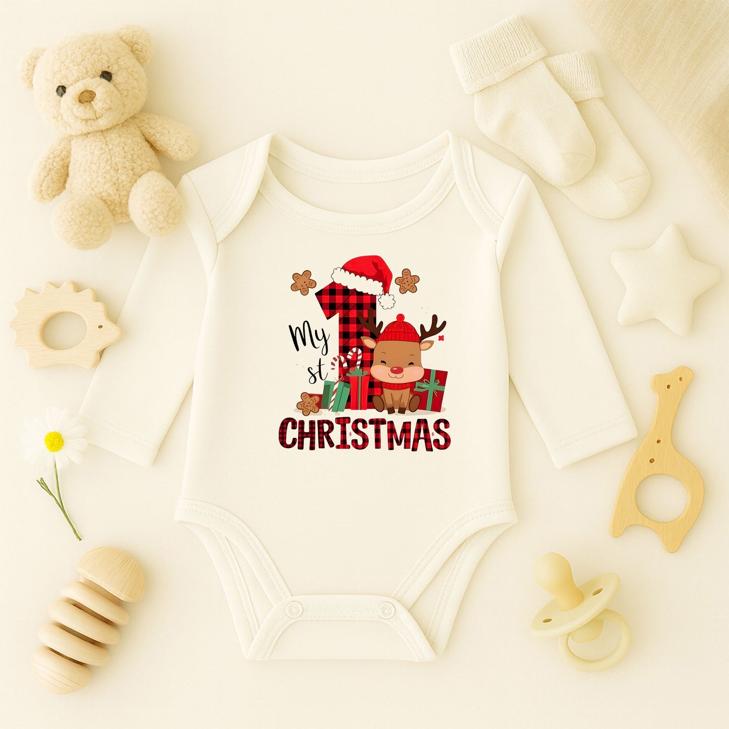 “My 1st Christmas” Yazılı Bebek Zıbını – 1–36 Ay | İlk Yılbaşı Temalı, DTF Baskı
