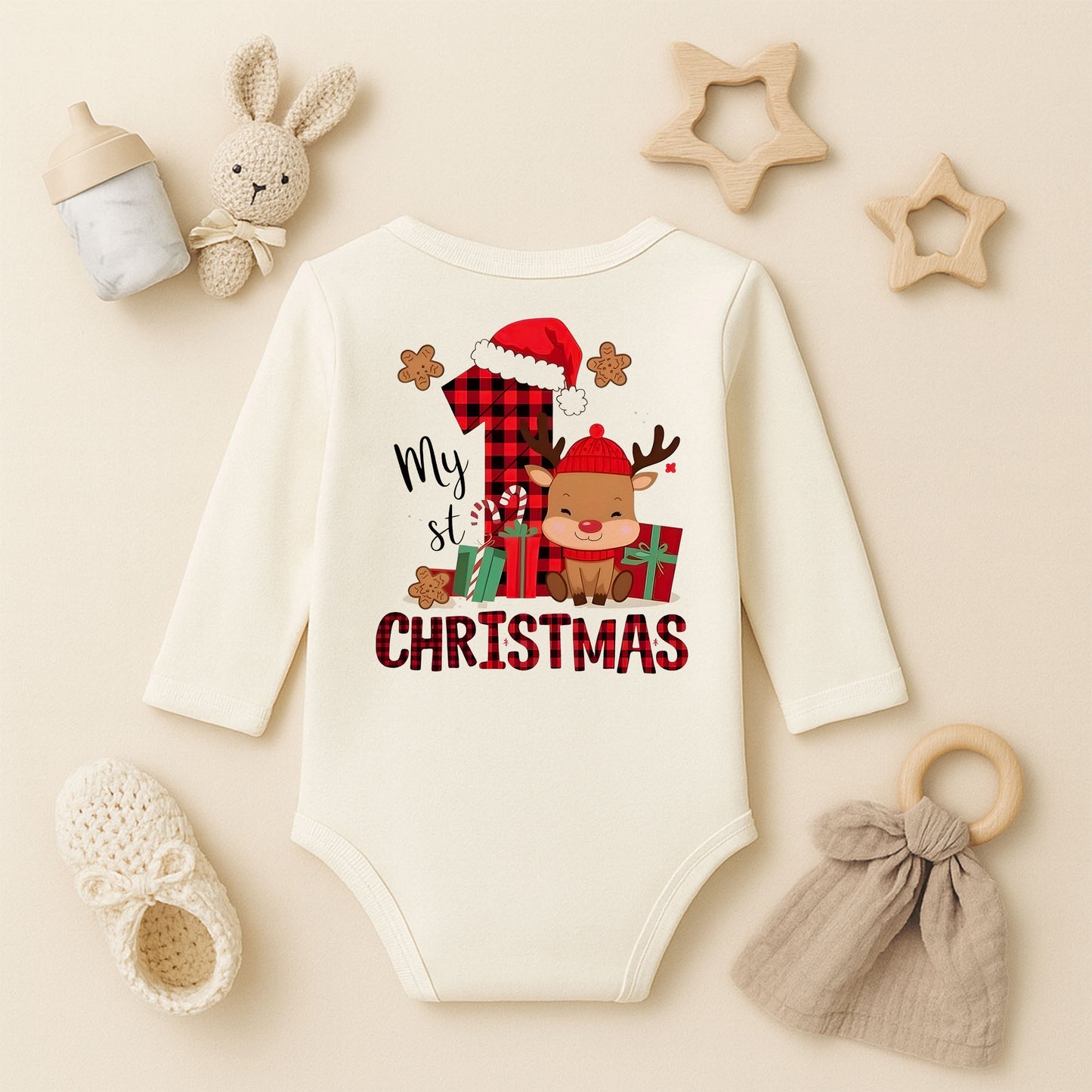 “My 1st Christmas” Yazılı Bebek Zıbını – 1–36 Ay | İlk Yılbaşı Temalı, DTF Baskı