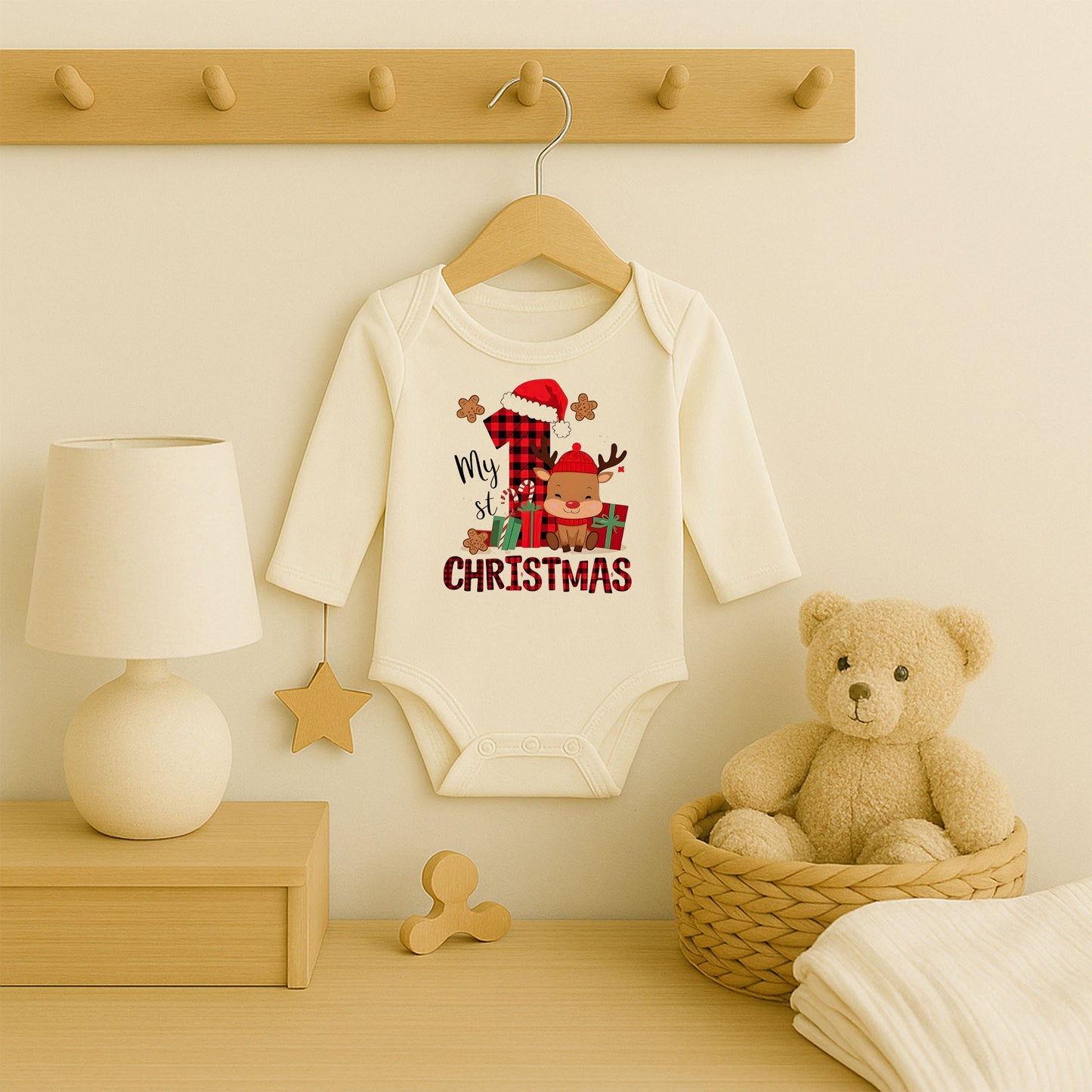 “My 1st Christmas” Yazılı Bebek Zıbını – 1–36 Ay | İlk Yılbaşı Temalı, DTF Baskı