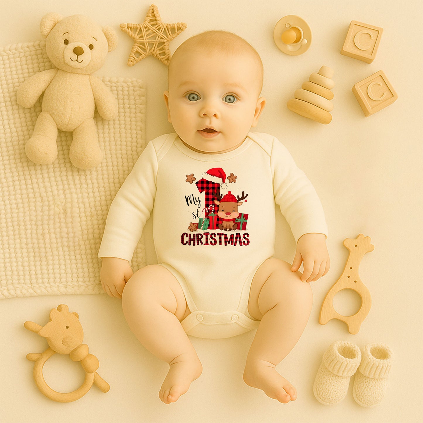 “My 1st Christmas” Yazılı Bebek Zıbını – 1–36 Ay | İlk Yılbaşı Temalı, DTF Baskı