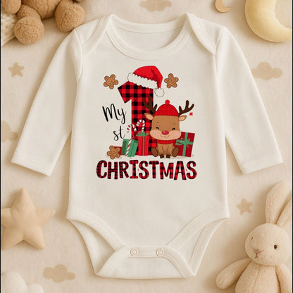 “My 1st Christmas” Yazılı Bebek Zıbını – 1–36 Ay | İlk Yılbaşı Temalı, DTF Baskı