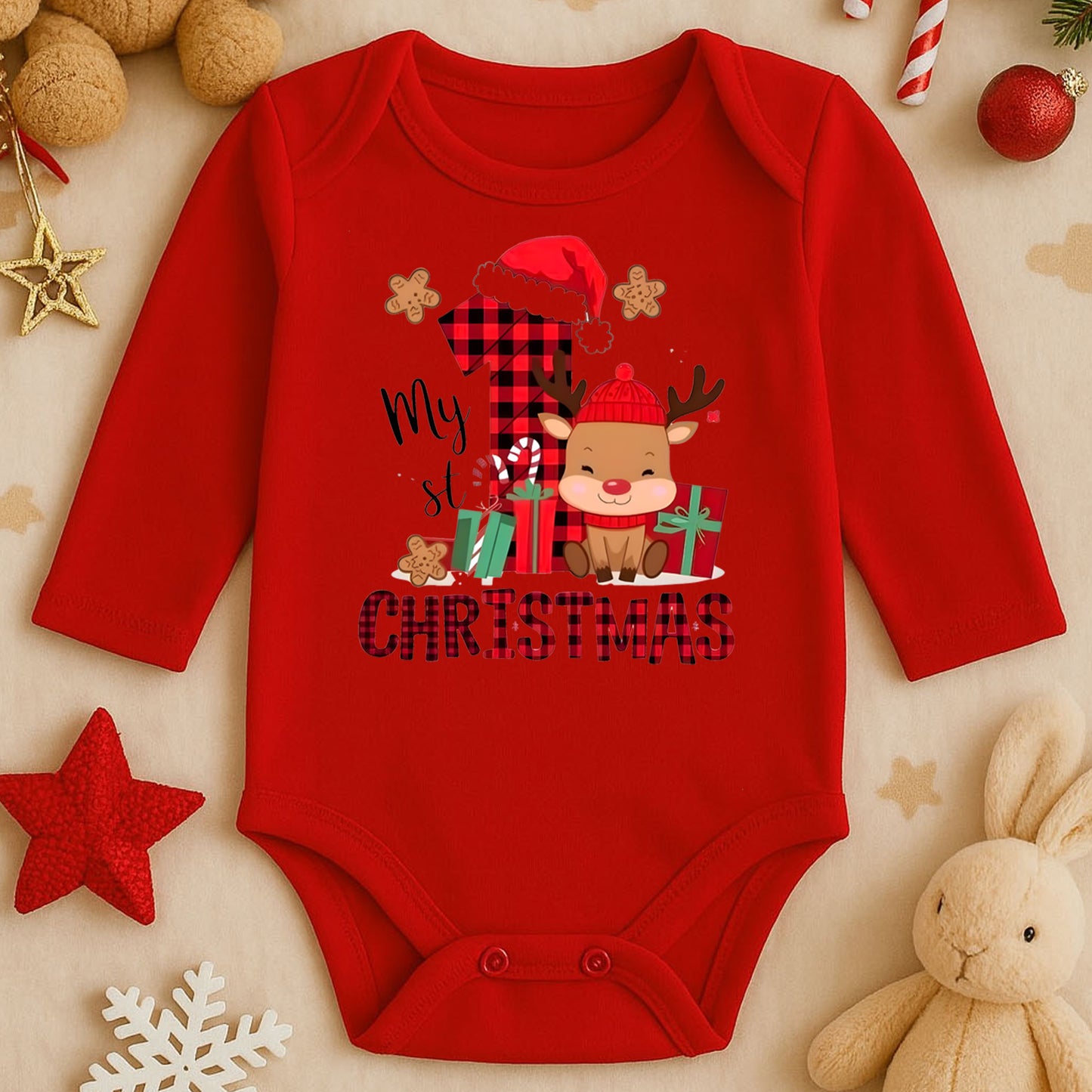 “My 1st Christmas” Yazılı Bebek Zıbını – 1–36 Ay | İlk Yılbaşı Temalı, DTF Baskı