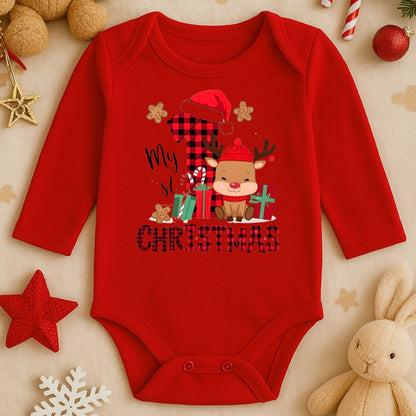 “My 1st Christmas” Yazılı Bebek Zıbını – 1–36 Ay | İlk Yılbaşı Temalı, DTF Baskı
