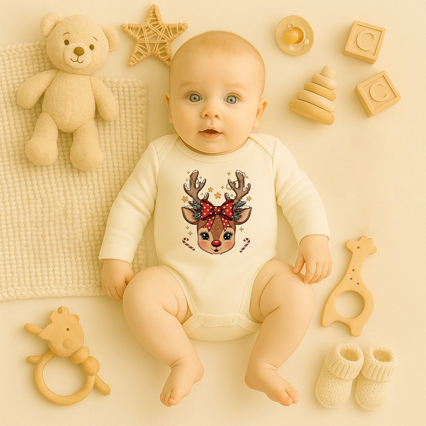 Noel Geyiği Desenli Bebek Zıbını – 1–36 Ay | Yılbaşı Temalı Sevimli Tasarım