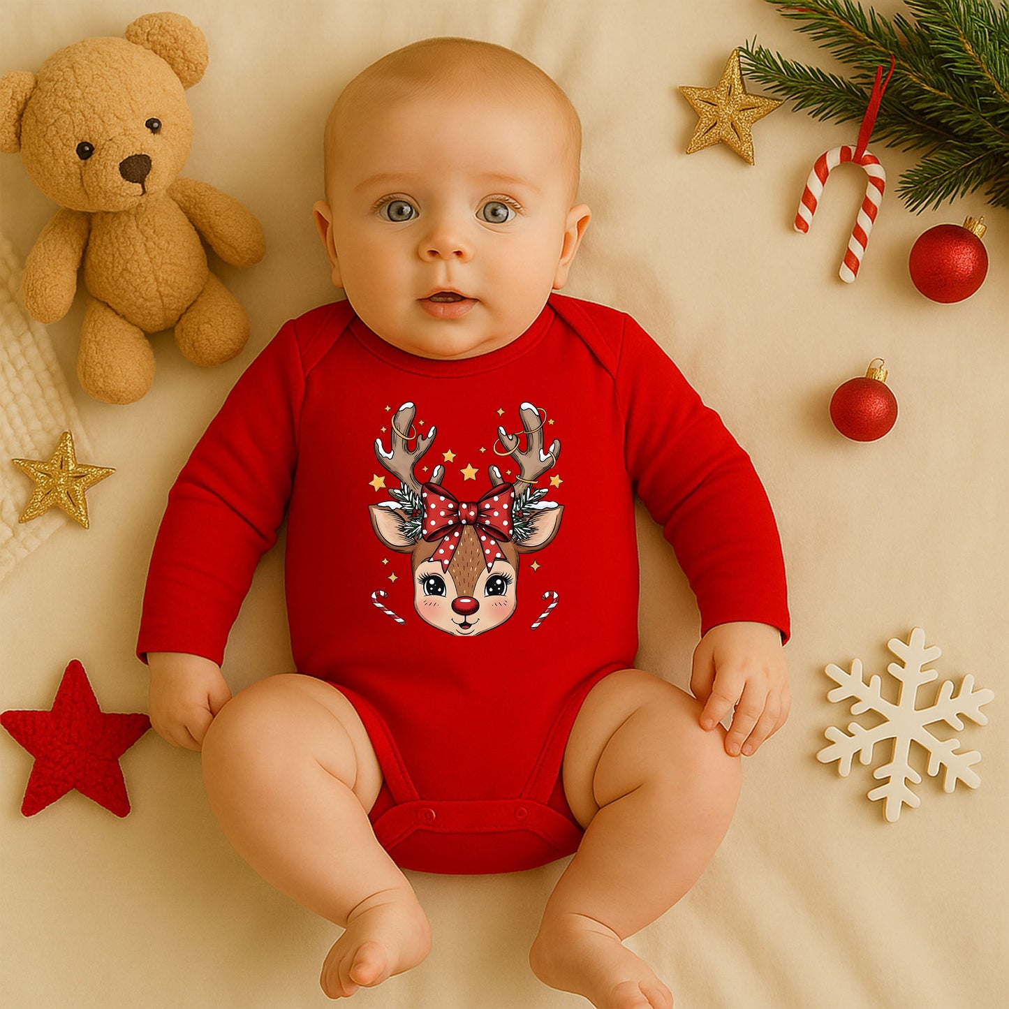 Noel Geyiği Desenli Bebek Zıbını – 1–36 Ay | Yılbaşı Temalı Sevimli Tasarım