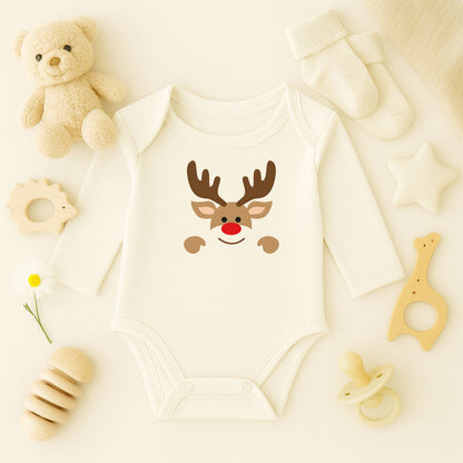 Sevimli Noel Geyiği Desenli Bebek Zıbını – 1–36 Ay | Yazısız Yılbaşı Tasarımı