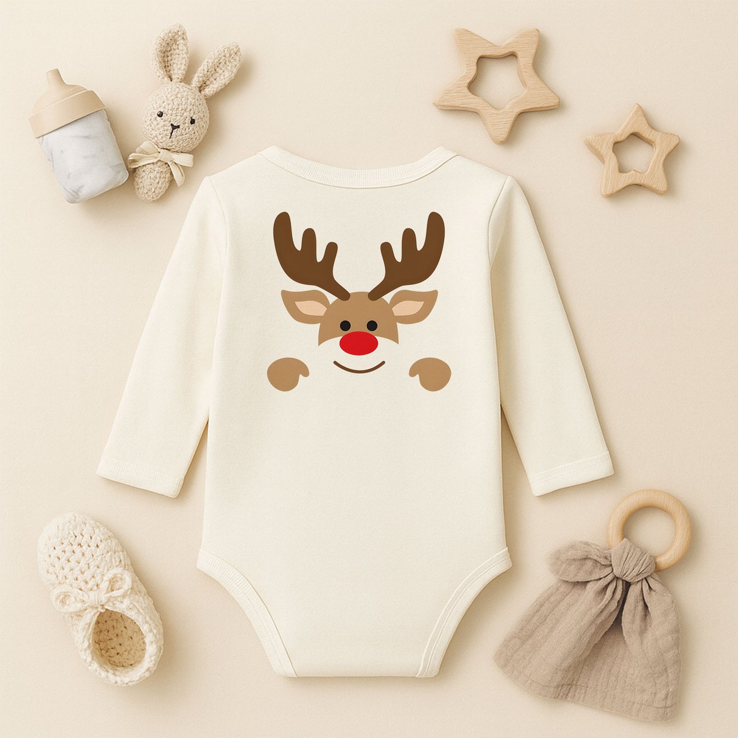 Sevimli Noel Geyiği Desenli Bebek Zıbını – 1–36 Ay | Yazısız Yılbaşı Tasarımı