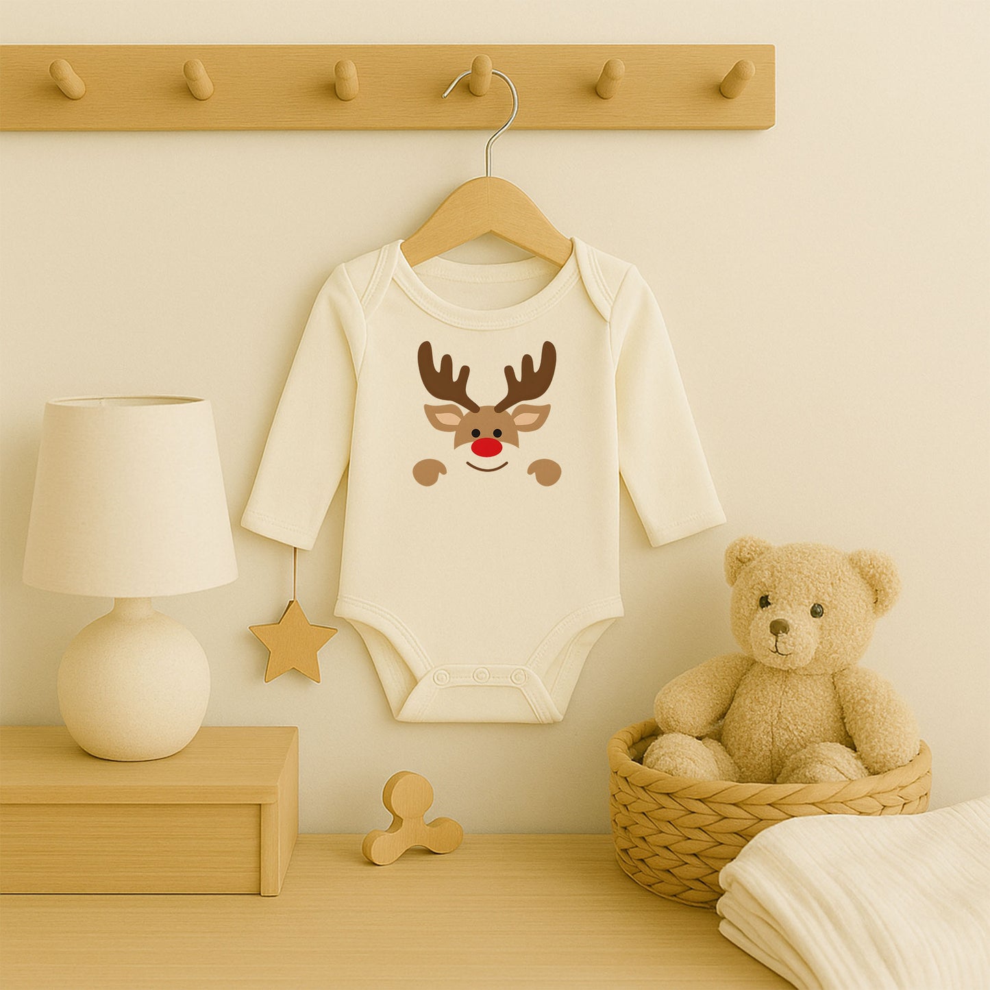 Sevimli Noel Geyiği Desenli Bebek Zıbını – 1–36 Ay | Yazısız Yılbaşı Tasarımı