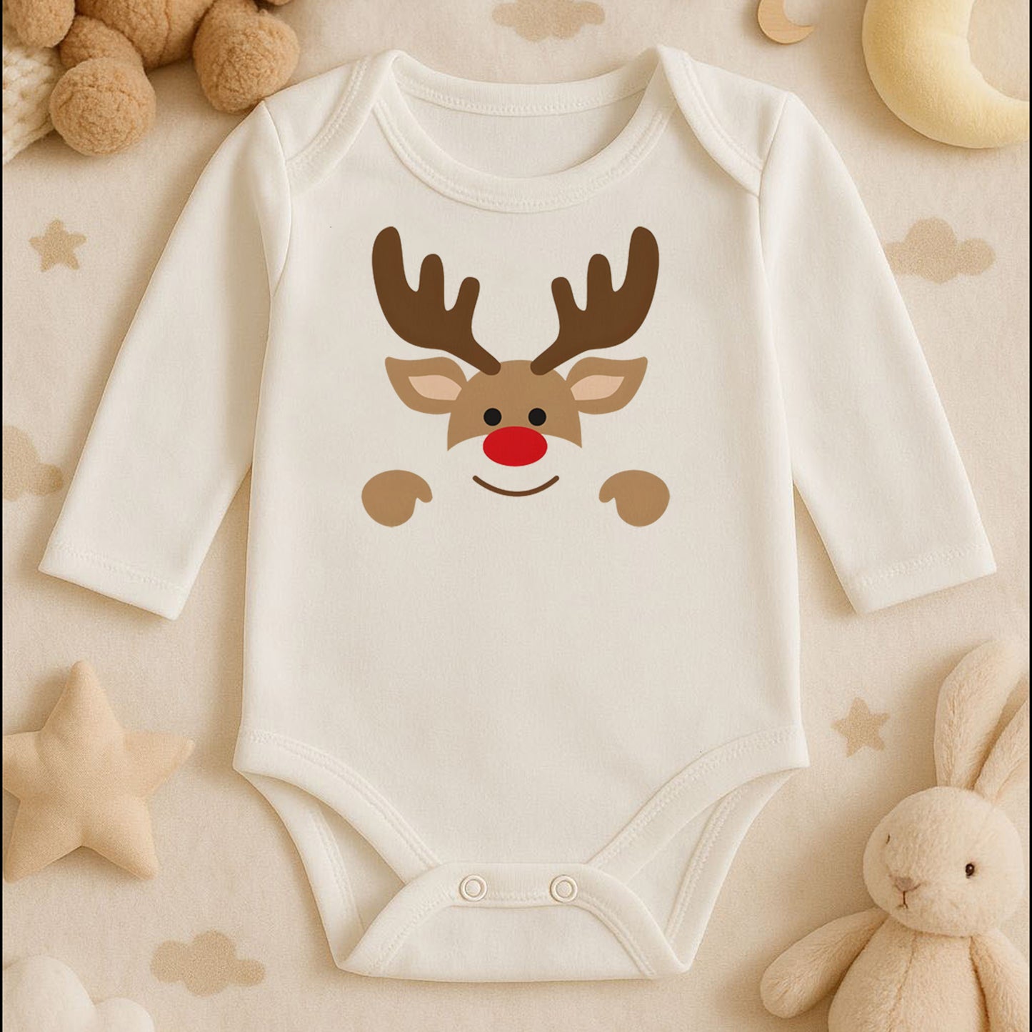 Sevimli Noel Geyiği Desenli Bebek Zıbını – 1–36 Ay | Yazısız Yılbaşı Tasarımı