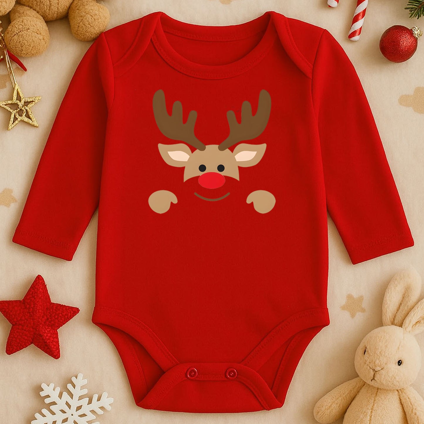 Sevimli Noel Geyiği Desenli Bebek Zıbını – 1–36 Ay | Yazısız Yılbaşı Tasarımı