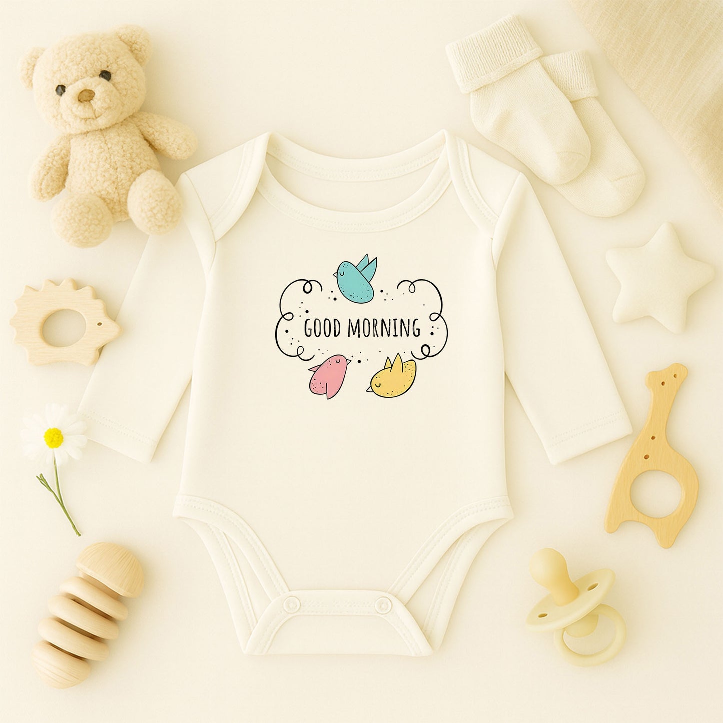 Good Morning Yazılı Bebek Zıbını – 1–36 Ay | Sevimli Kuş Temalı Tasarım