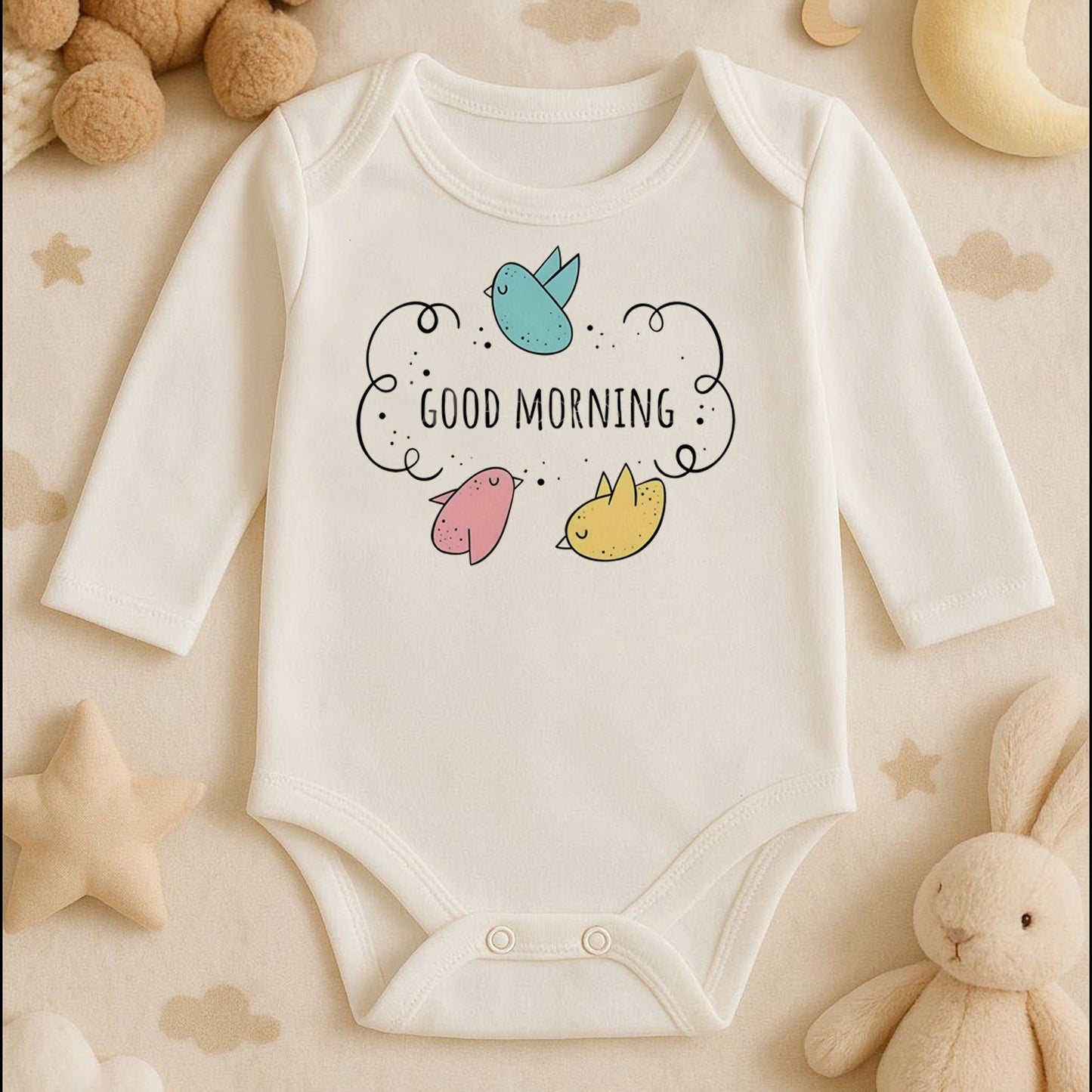 Good Morning Yazılı Bebek Zıbını – 1–36 Ay | Sevimli Kuş Temalı Tasarım