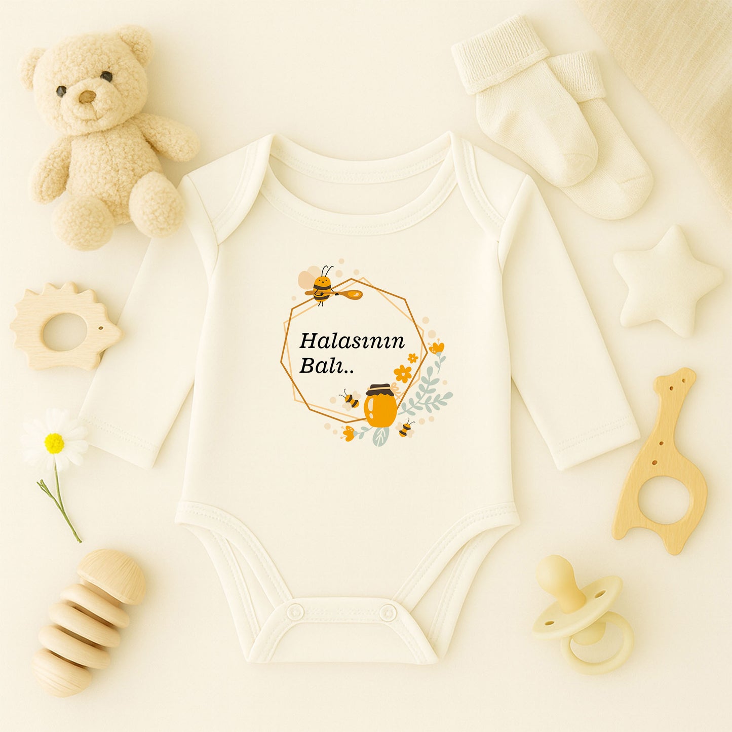Sevimli Arı & Bal Desenli Bebek Zıbını – 1–36 Ay | Yazısız Doğal Tasarım