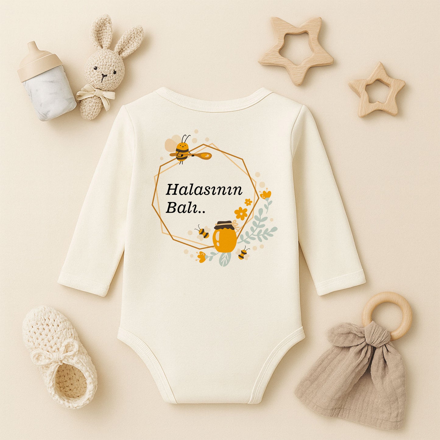Sevimli Arı & Bal Desenli Bebek Zıbını – 1–36 Ay | Yazısız Doğal Tasarım