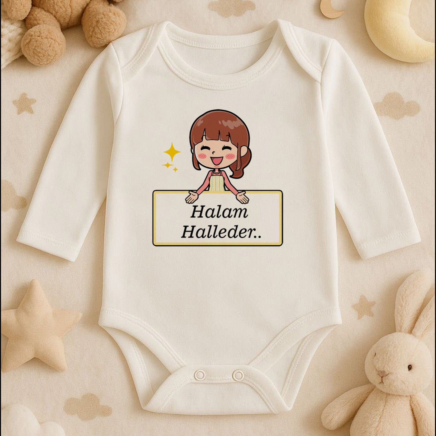 “Halem Halleder” Baskılı Bebek Zıbını – 1–36 Ay | Sevimli Kız Figürlü Tasarım