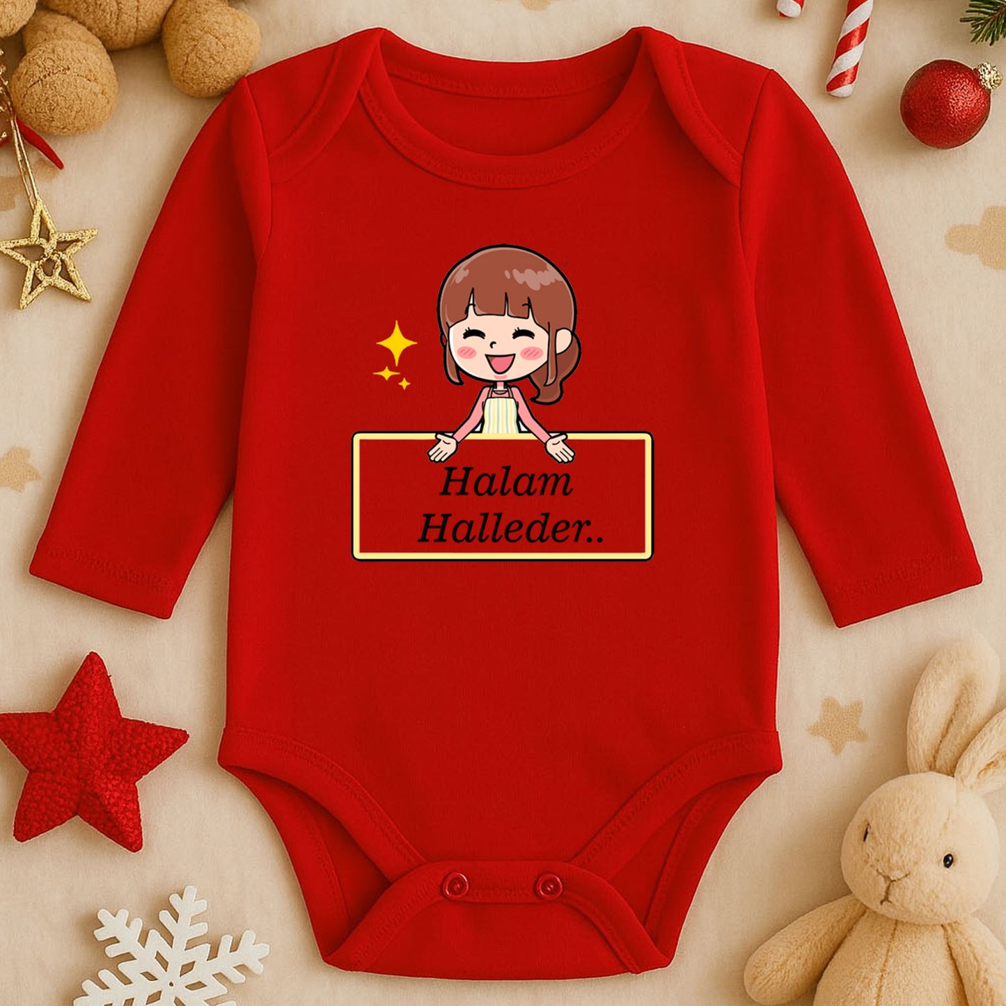 “Halem Halleder” Baskılı Bebek Zıbını – 1–36 Ay | Sevimli Kız Figürlü Tasarım