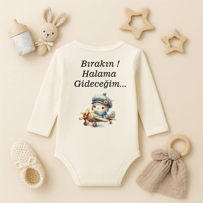 “Bırakın! Halama Gideceğim…” Baskılı Bebek Zıbını – 1–36 Ay | Sevimli Pilot Bebek Tasarımı