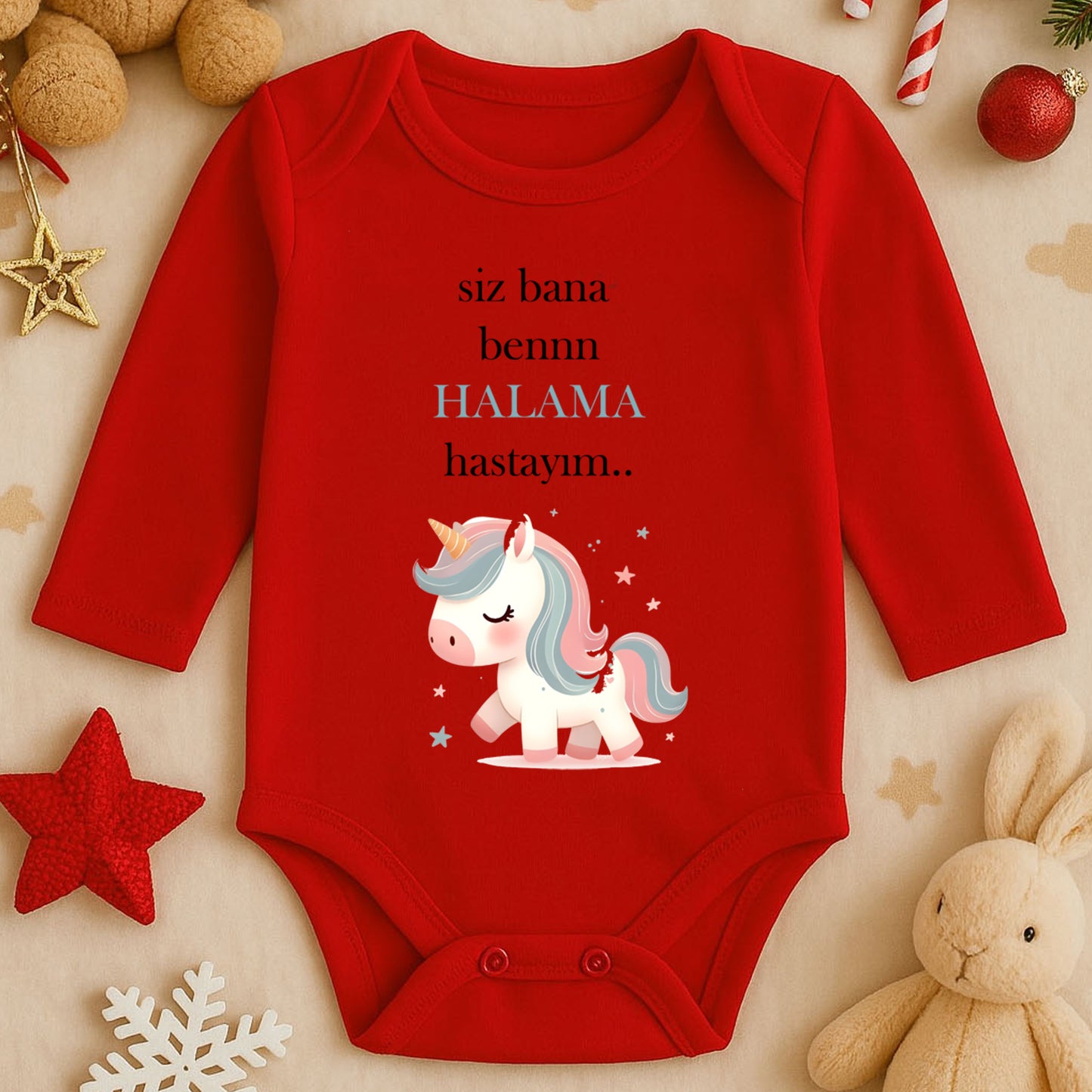 “Halama” Yazılı Unicorn Baskılı Bebek Zıbını – 1–36 Ay | Sevimli Tek Boynuzlu At Tasarımı