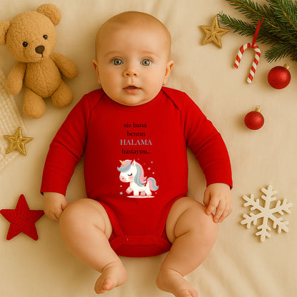 “Halama” Yazılı Unicorn Baskılı Bebek Zıbını – 1–36 Ay | Sevimli Tek Boynuzlu At Tasarımı