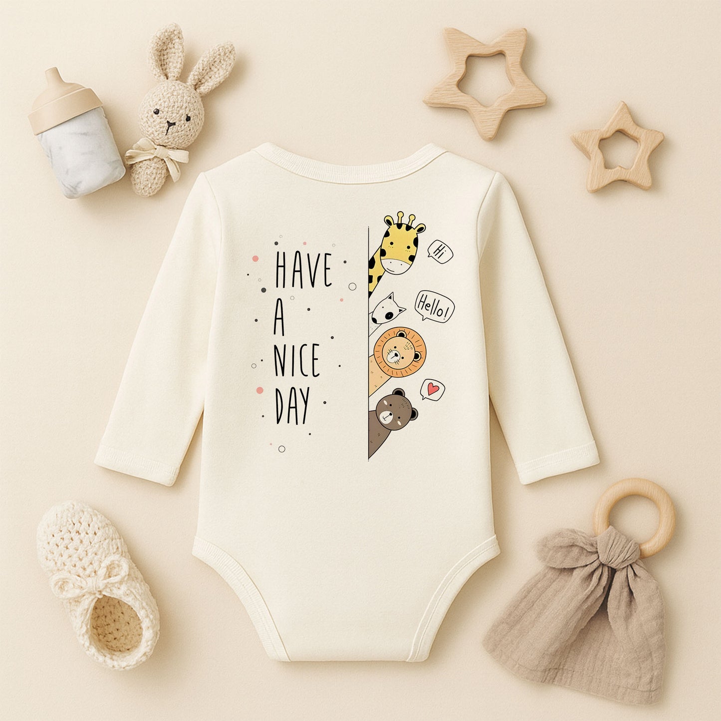 “Have a Nice Day” Yazılı Hayvan Figürlü Bebek Zıbını – 1–36 Ay | Sevimli Unisex Tasarım