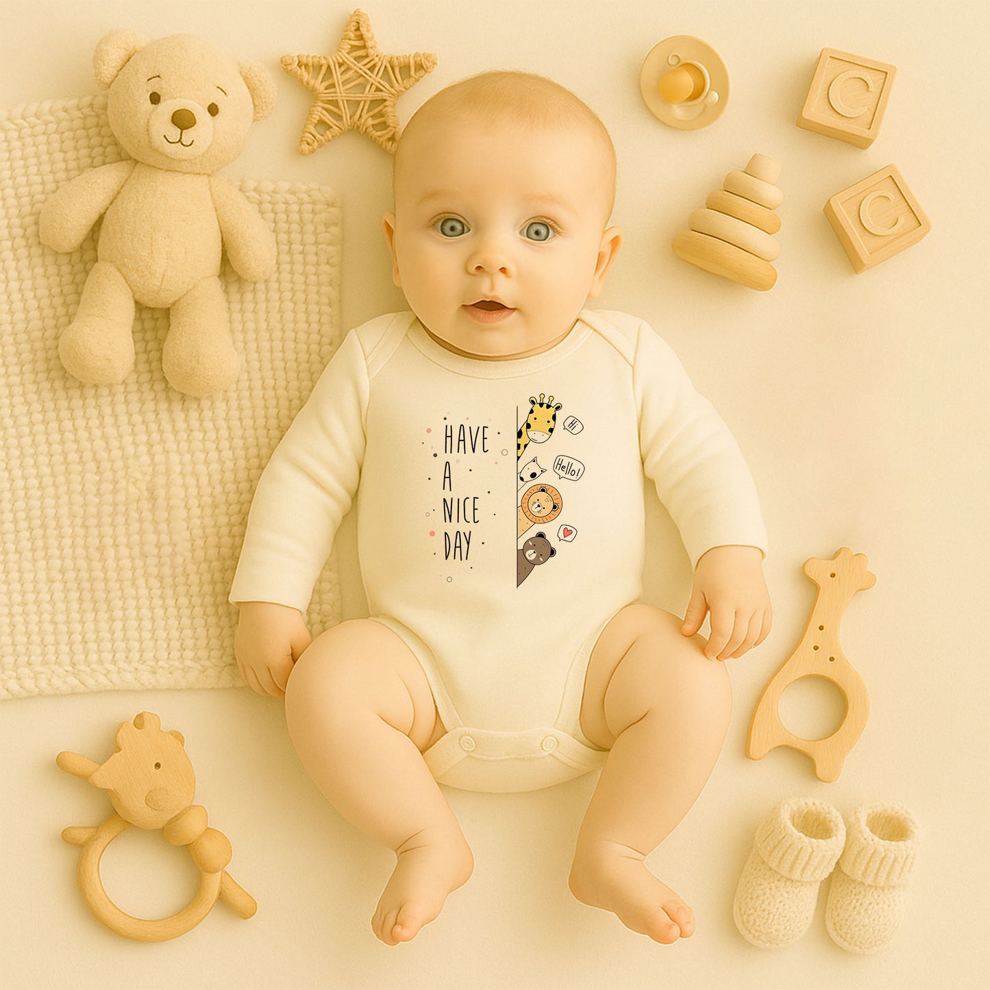 “Have a Nice Day” Yazılı Hayvan Figürlü Bebek Zıbını – 1–36 Ay | Sevimli Unisex Tasarım