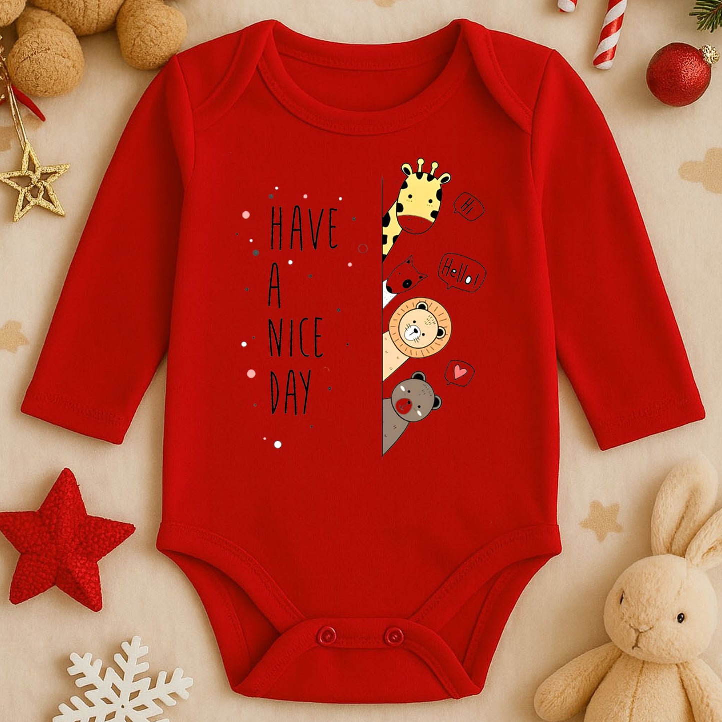 “Have a Nice Day” Yazılı Hayvan Figürlü Bebek Zıbını – 1–36 Ay | Sevimli Unisex Tasarım