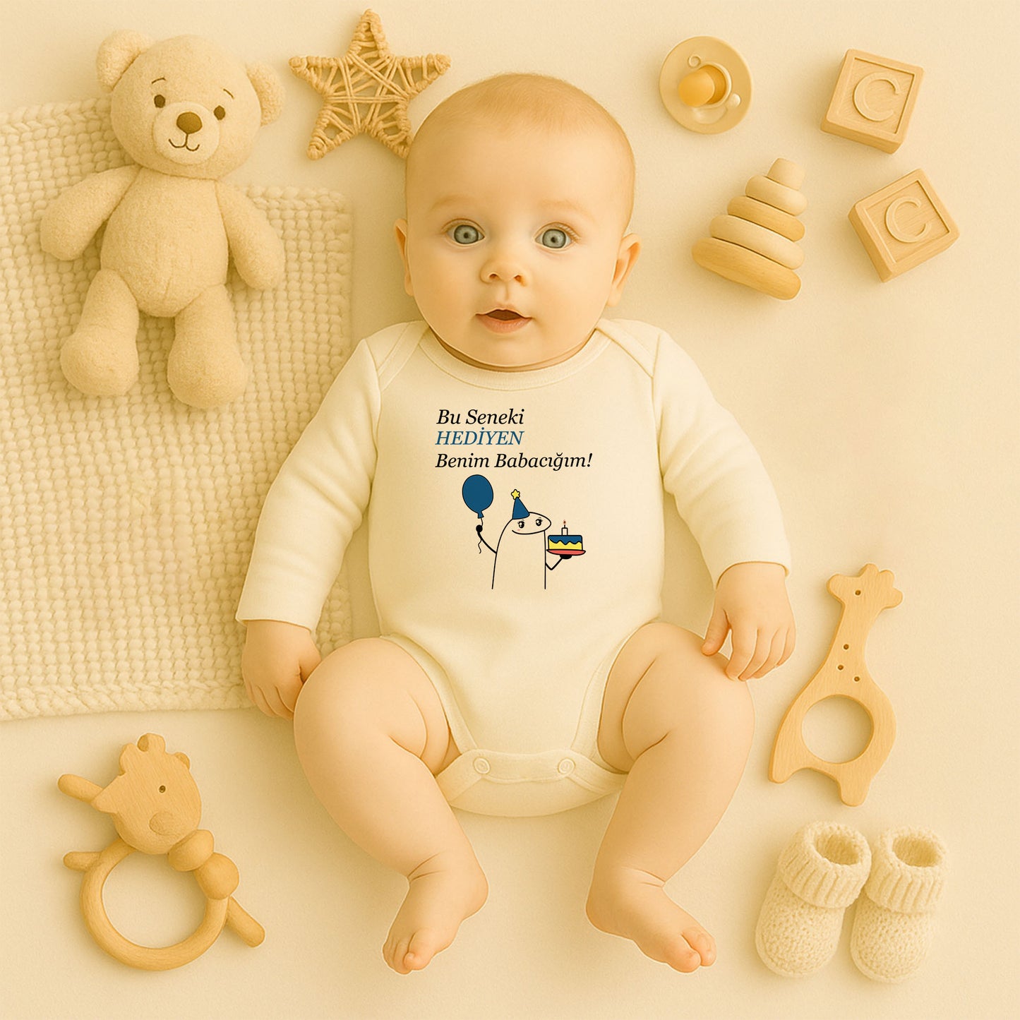 “HEDİYEN” Yazılı Doğum Günü Temalı Bebek Zıbını – 1–36 Ay | Eğlenceli Parti Tasarımı