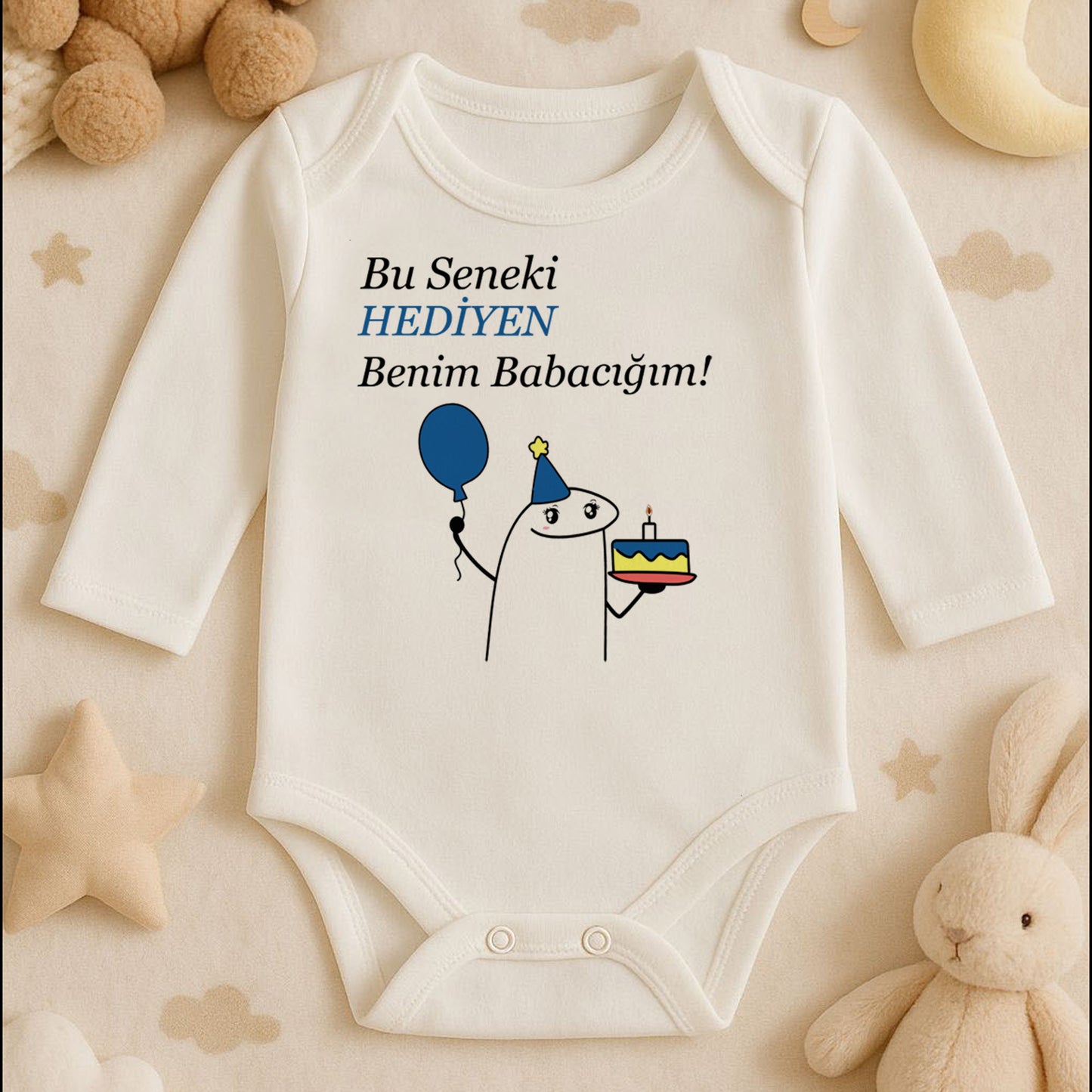 “HEDİYEN” Yazılı Doğum Günü Temalı Bebek Zıbını – 1–36 Ay | Eğlenceli Parti Tasarımı