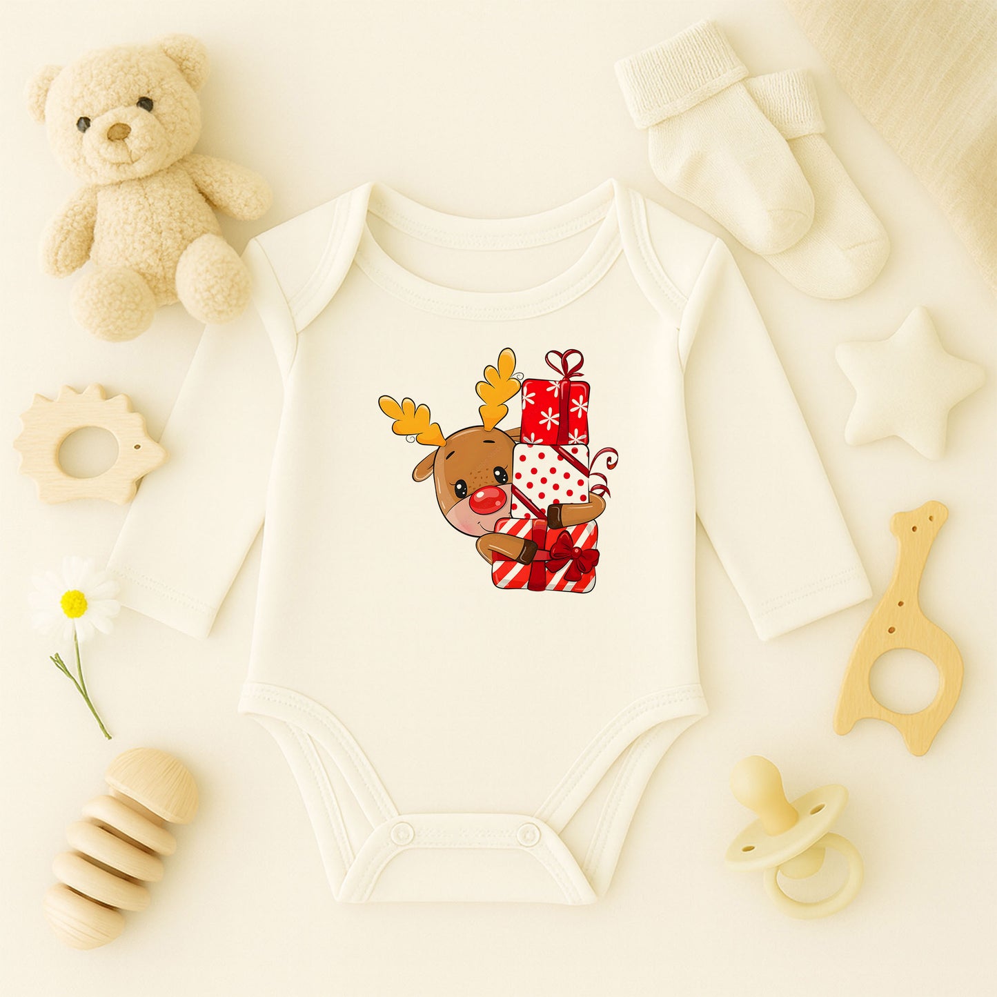 Hediyelerle Sevimli Geyik Desenli Bebek Zıbını – Yılbaşı & Noel Teması | 1–36 Ay