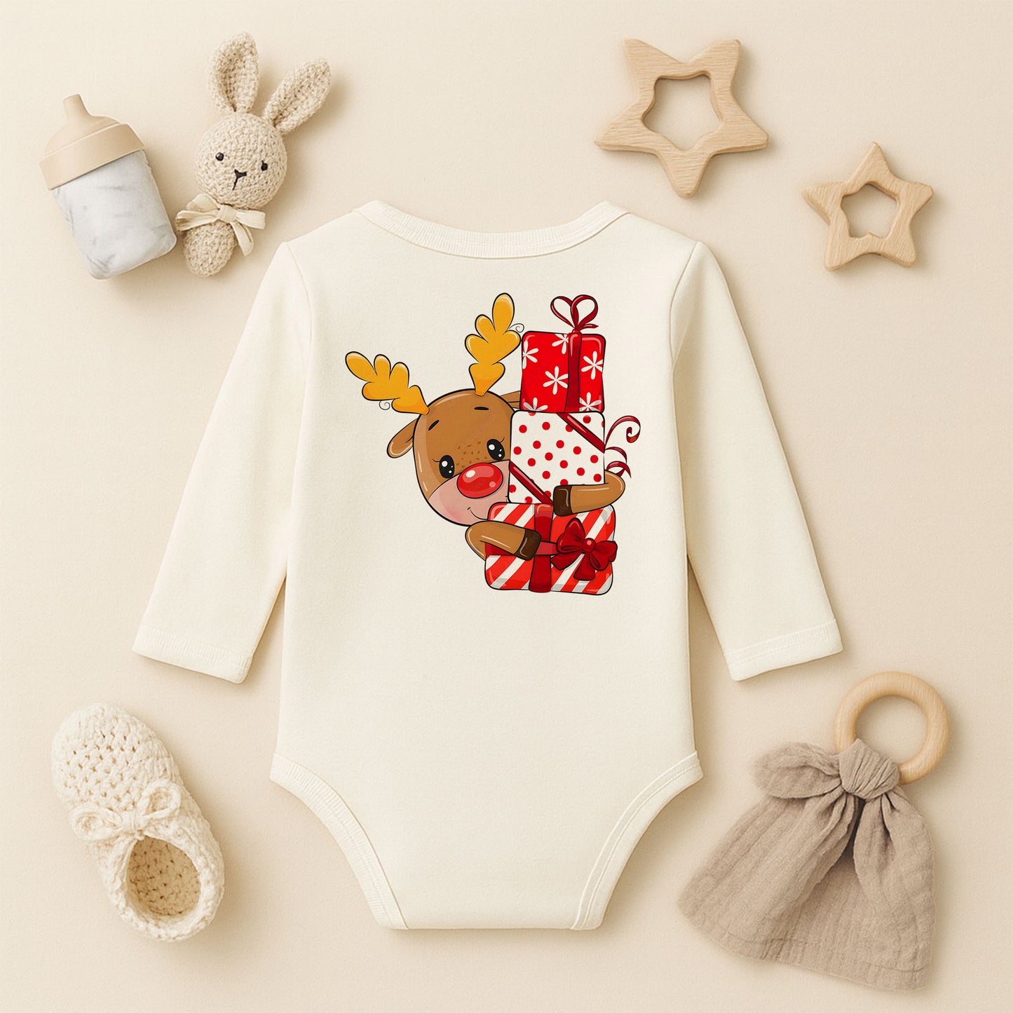 Hediyelerle Sevimli Geyik Desenli Bebek Zıbını – Yılbaşı & Noel Teması | 1–36 Ay