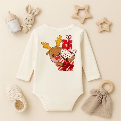 Hediyelerle Sevimli Geyik Desenli Bebek Zıbını – Yılbaşı & Noel Teması | 1–36 Ay