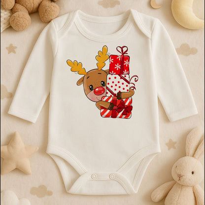 Hediyelerle Sevimli Geyik Desenli Bebek Zıbını – Yılbaşı & Noel Teması | 1–36 Ay